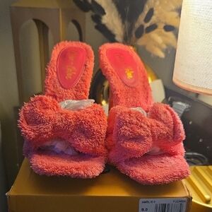 Fuzzy Pink Bow Heels